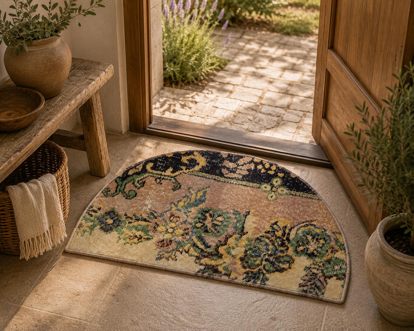Vintage Turkish Semicircle Rug, Handwoven Wool, Dark Border Dusty Rose Sage Green, 1.5x2.5 ft