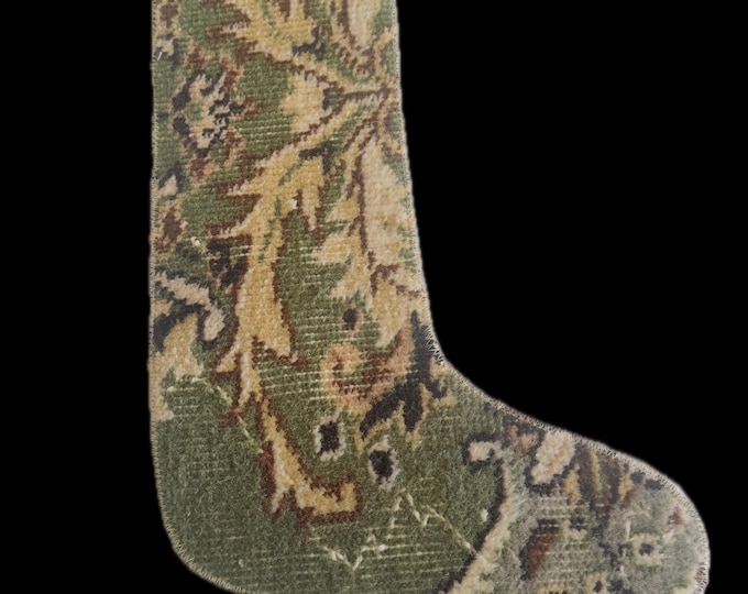 Vintage Rug Christmas Stocking – Upcycled Carpet – Green Beige Holiday Decor
