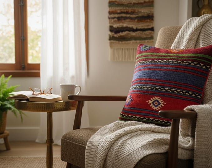 Vintage Kilim Pillow Cover 16x16 | Red Blue Green Turkish Wool Cushion | USA Stock