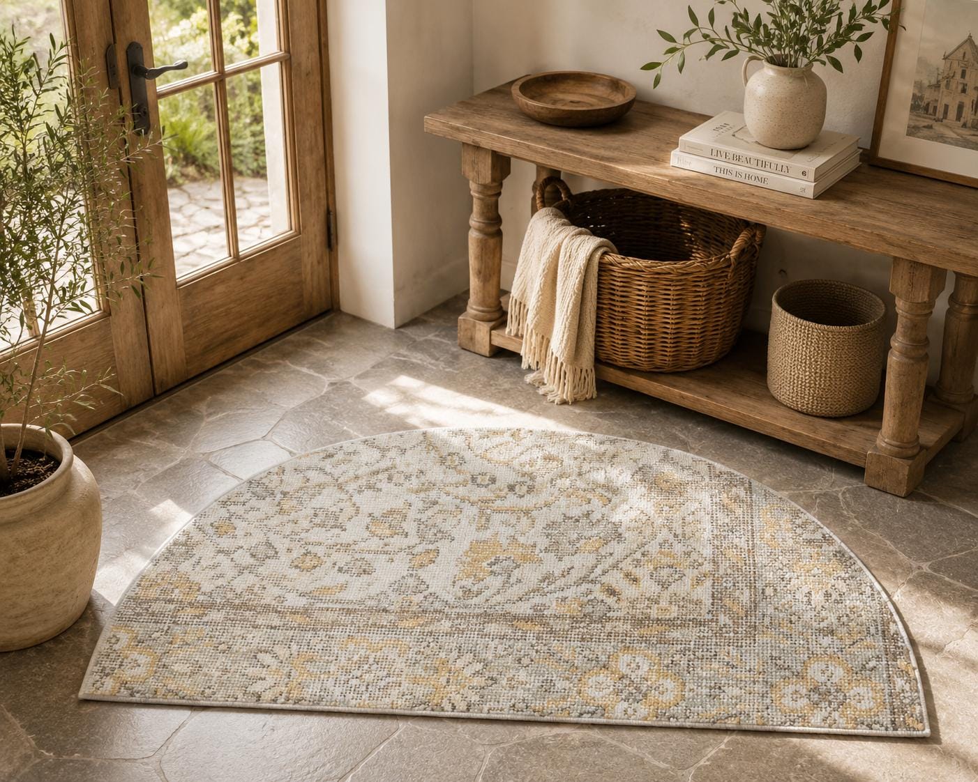 Vintage Turkish Semicircle Rug, Handwoven Wool Floral, Ivory White Gold Gray, 1.6x2.77 ft