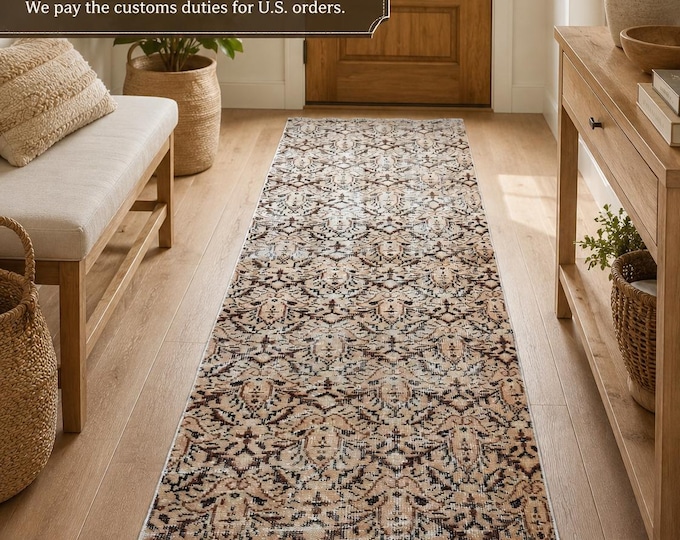 Turkish Runner Rug, Vintage Isparta Handwoven Wool Geometric Floral, Distressed Peach Brown, 2.8x8.7 ft