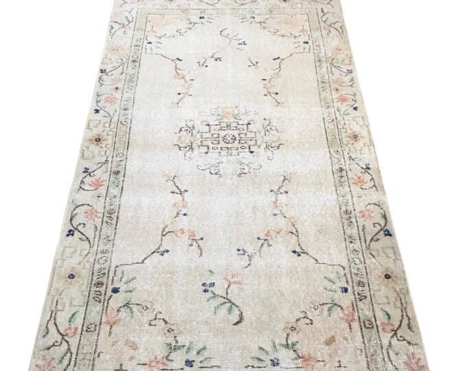 Vintage Turkish Isparta Rug, Hand Knotted Wool, Washed Ivory Blush Floral Medallion, Soft Neutral