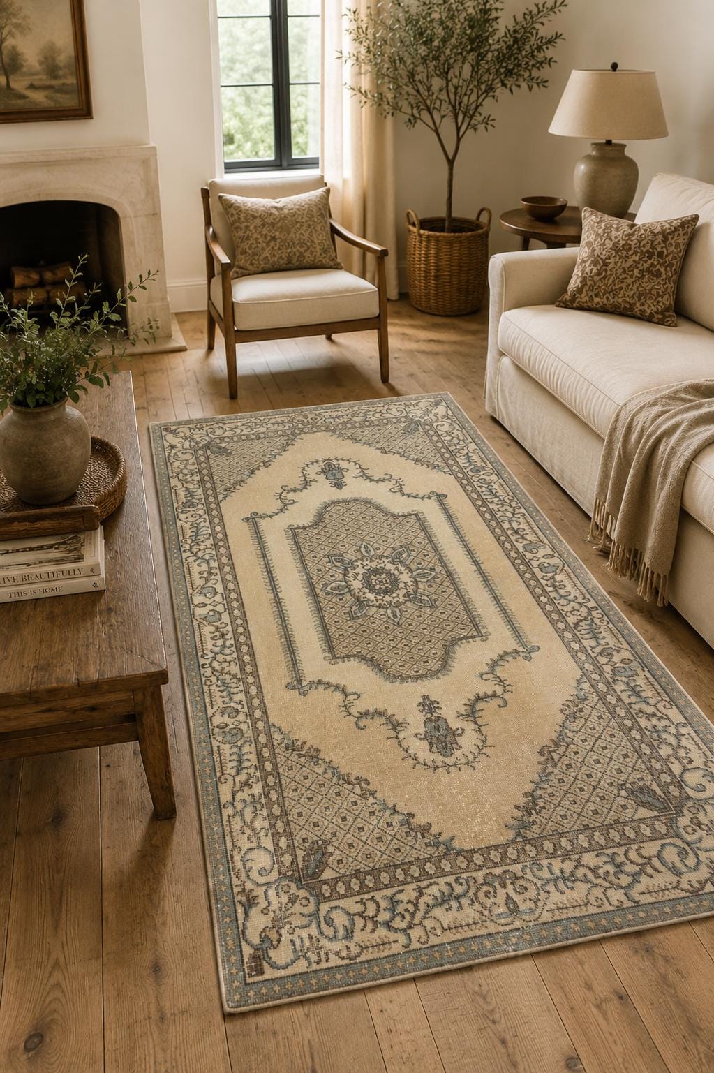 Vintage Turkish Area Rug, 3.9x6.7 ft, Ivory Beige Sage, Arch Oushak Medallion – view 2