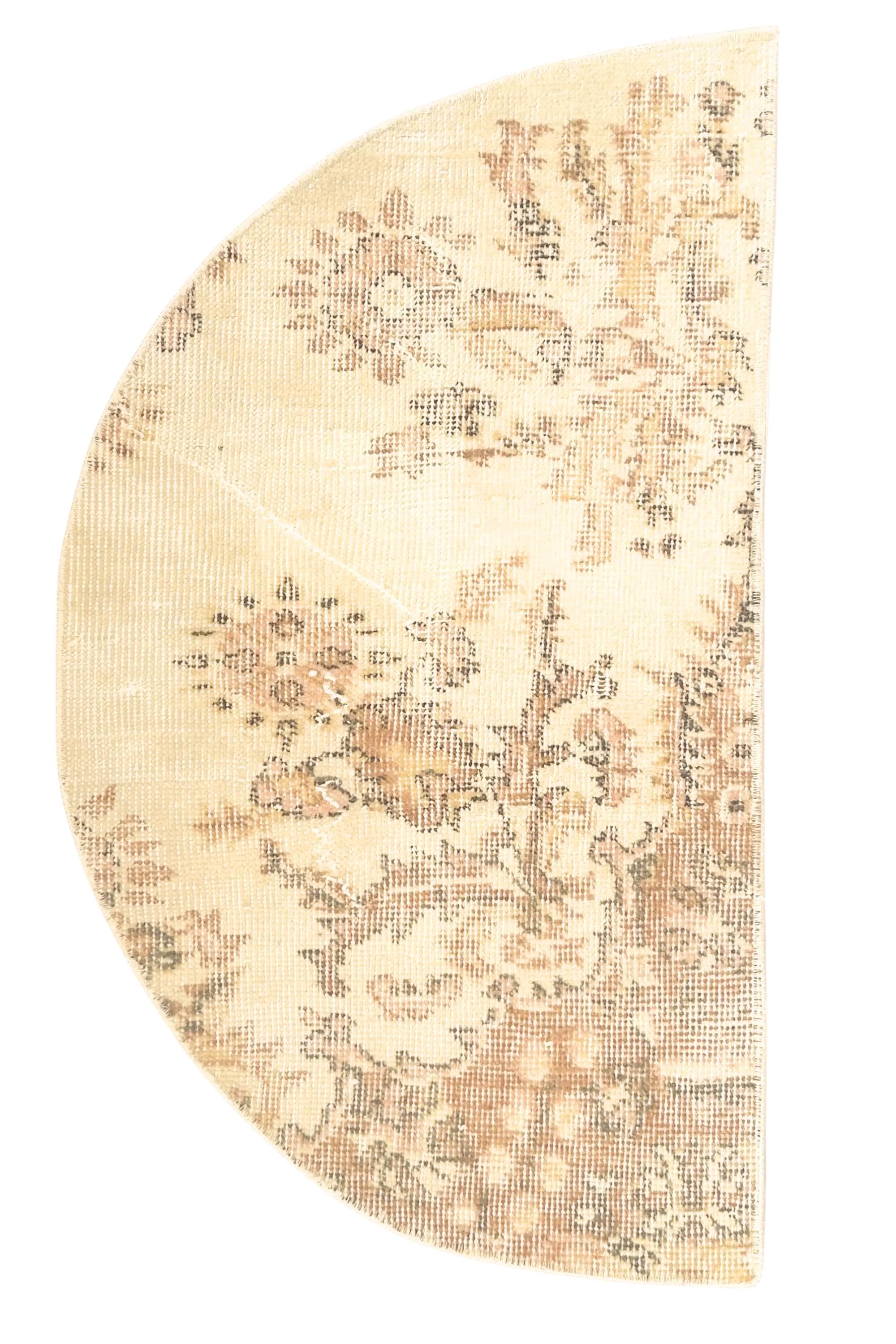 Vintage Turkish Semicircle Rug, Handwoven Wool Floral, Ivory Caramel Distressed, 1.6x2.77 ft – view 4