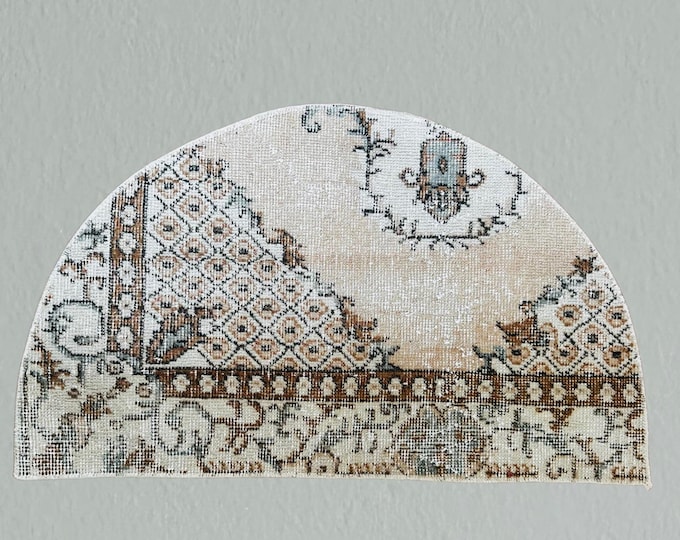 Vintage Wool Semicircle Rug: Beige Brown Turkish Doormat (2x4 ft)