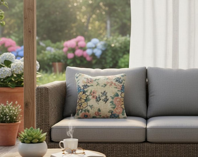 16x16 inch Handwoven Wool Pillow | Turkish Rug Cushion | Boho Farmhouse Living Room Decor