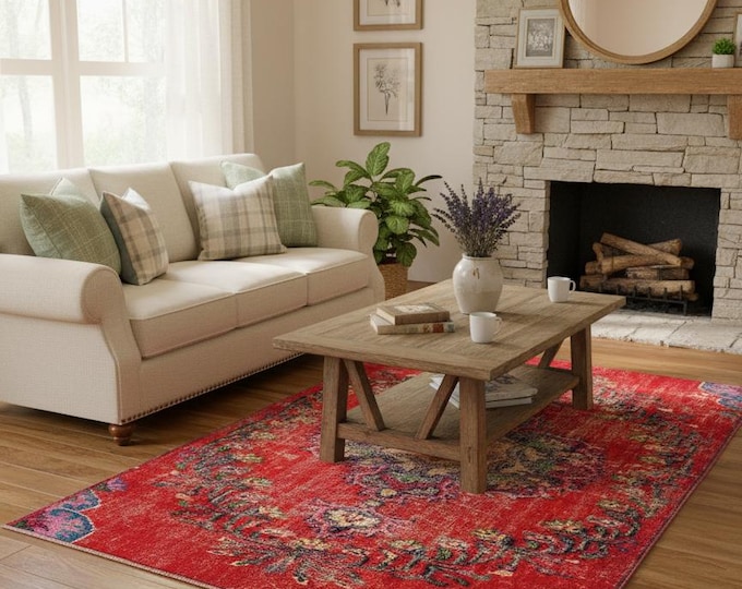 125x175 cm Turkish Wool Rug | Handwoven Vintage Carpet | Farmhouse Boho Rustic Home Decor