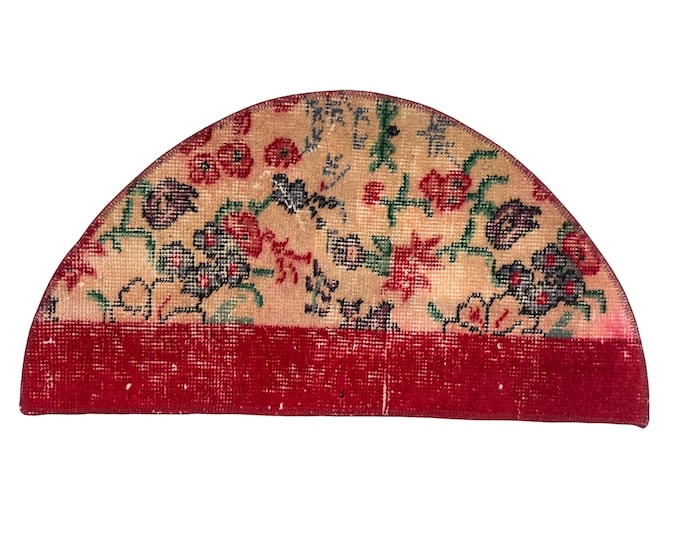 Vintage Red Wool Semicircle Rug Handmade Small Doormat Boho Decor