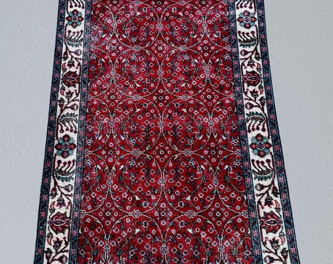 Red & White Oushak Wool Rug: 3x7 Vintage Turkish Entryway Rug
