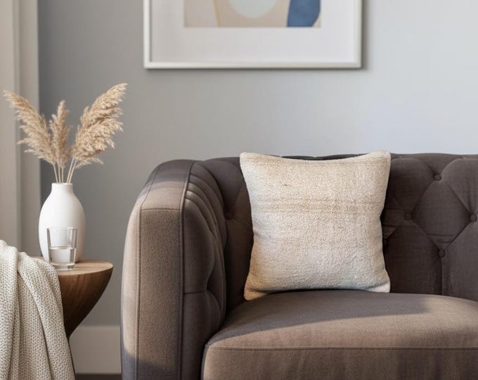 Handmade Beige Hemp Pillow Cover: Boho Throw Cushion 16x16 inch