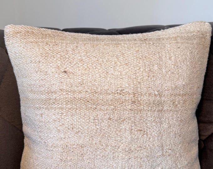 Handmade Beige Hemp Pillow Cover: Boho Throw Cushion 16x16
