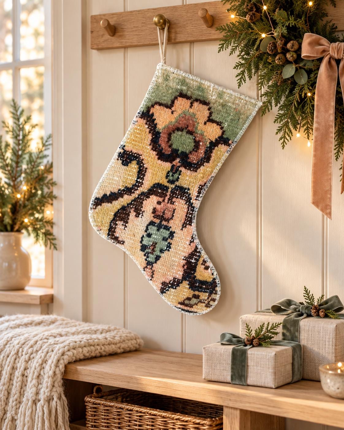 Vintage Turkish Rug Christmas Stocking, Sage Mustard Peach Floral, Brown Black Rust, 12.2x11.8 in