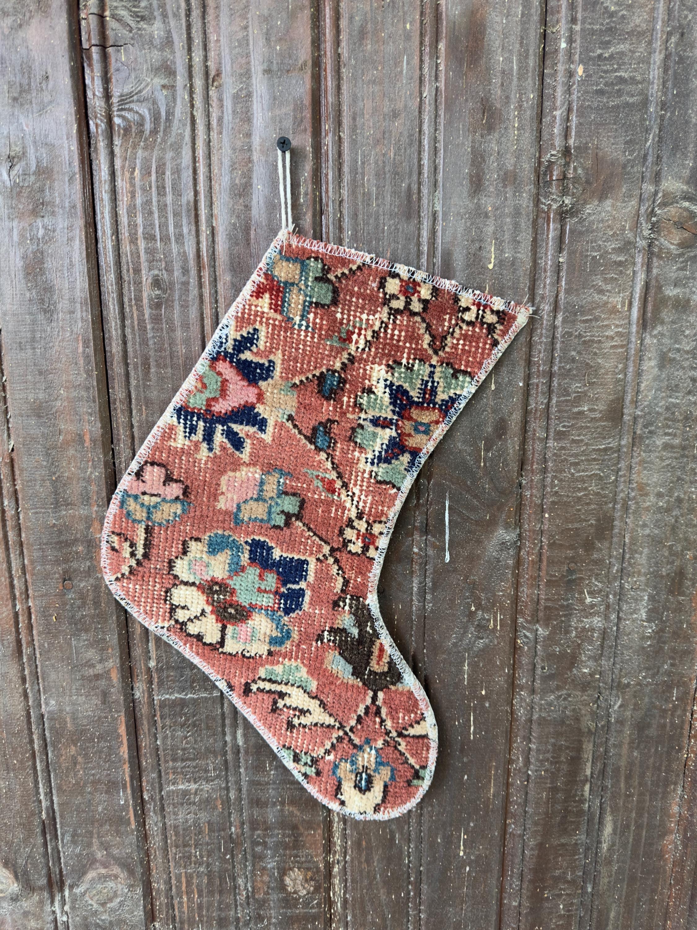 Vintage Turkish Rug Christmas Stocking, Terracotta Navy Sage Floral, Cream Pink Teal, 12.2x11.8 in – view 3