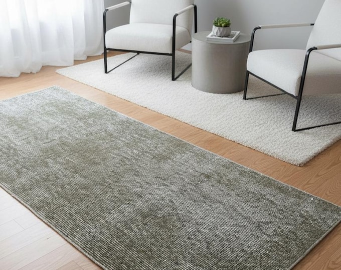 Handwoven Olive Taupe Vintage Wool Rug 51x114 cm – Neutral Beige Gray Turkish Small Area Carpet