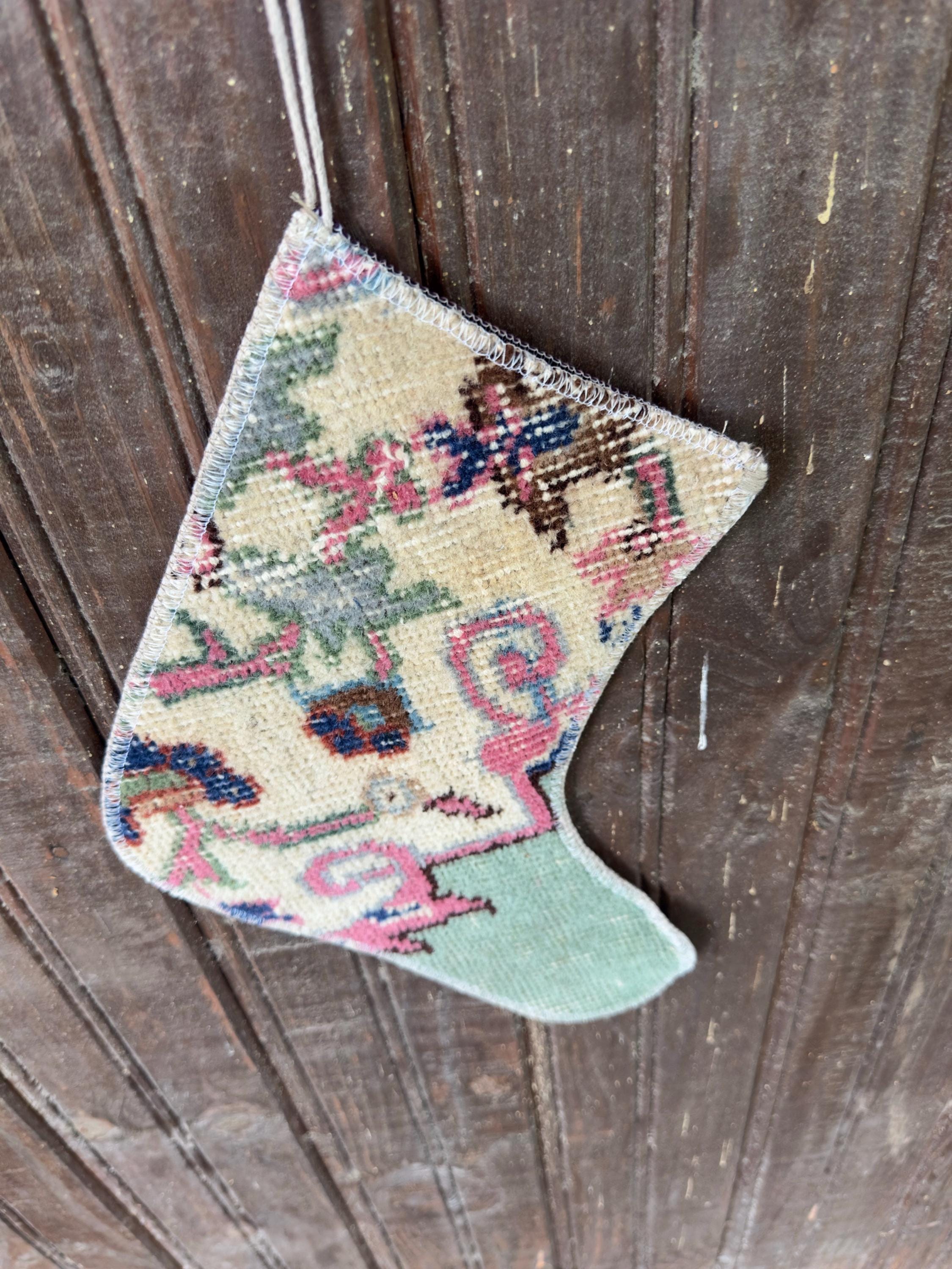 Christmas Stocking, Vintage Turkish Rug, Floral Ivory Pink Mint Green, 11 in in ivory, pink, green, reverse and knot structure
