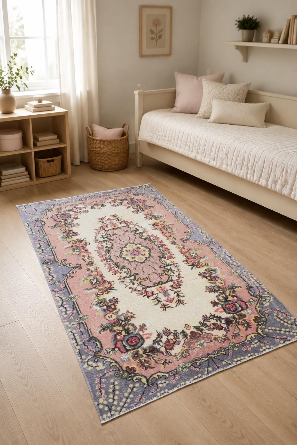 Vintage Turkish Area Rug, Rose Garland Oval Medallion, Blush Pink Ivory Blue, 3.7x6.6 ft