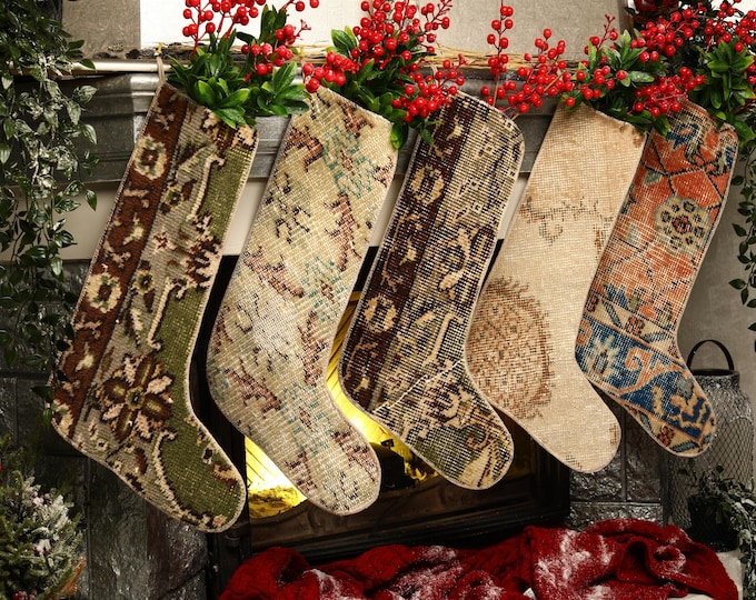 Handmade Vintage Kilim Rug Christmas Stocking: Rustic Holiday Decor