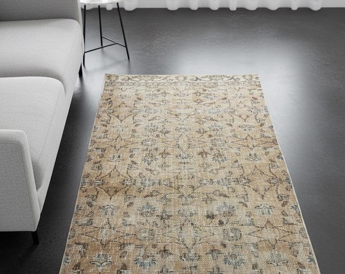 Vintage Turkish Isparta Runner, Hand Knotted Wool, Beige Camel Floral, Distressed Look, Bohemian Hallway, 2x6 Anatolian