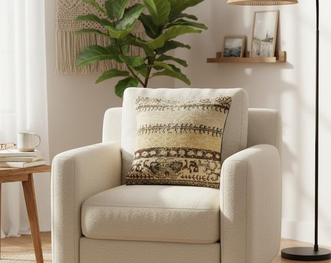 16x16 inch Wool Pillow Cover | Turkish Handwoven Rug Cushion | Modern Rustic Entryway Decor