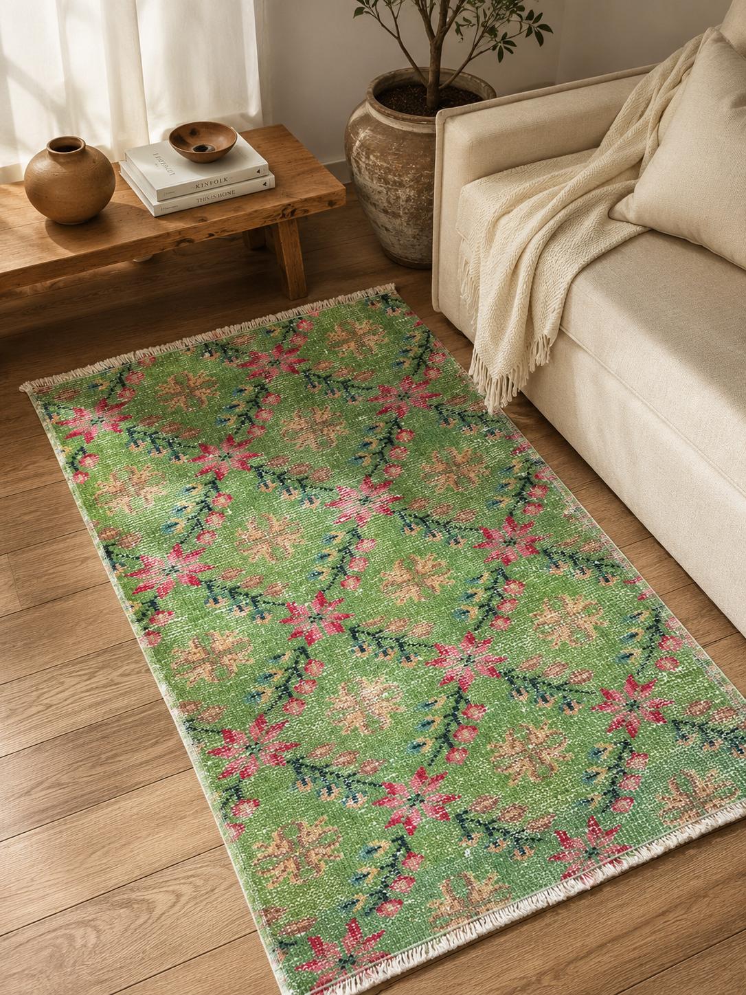 Small Handwoven Wool Rug, Apple Green Floral Accent (2.4x3.9 ft)