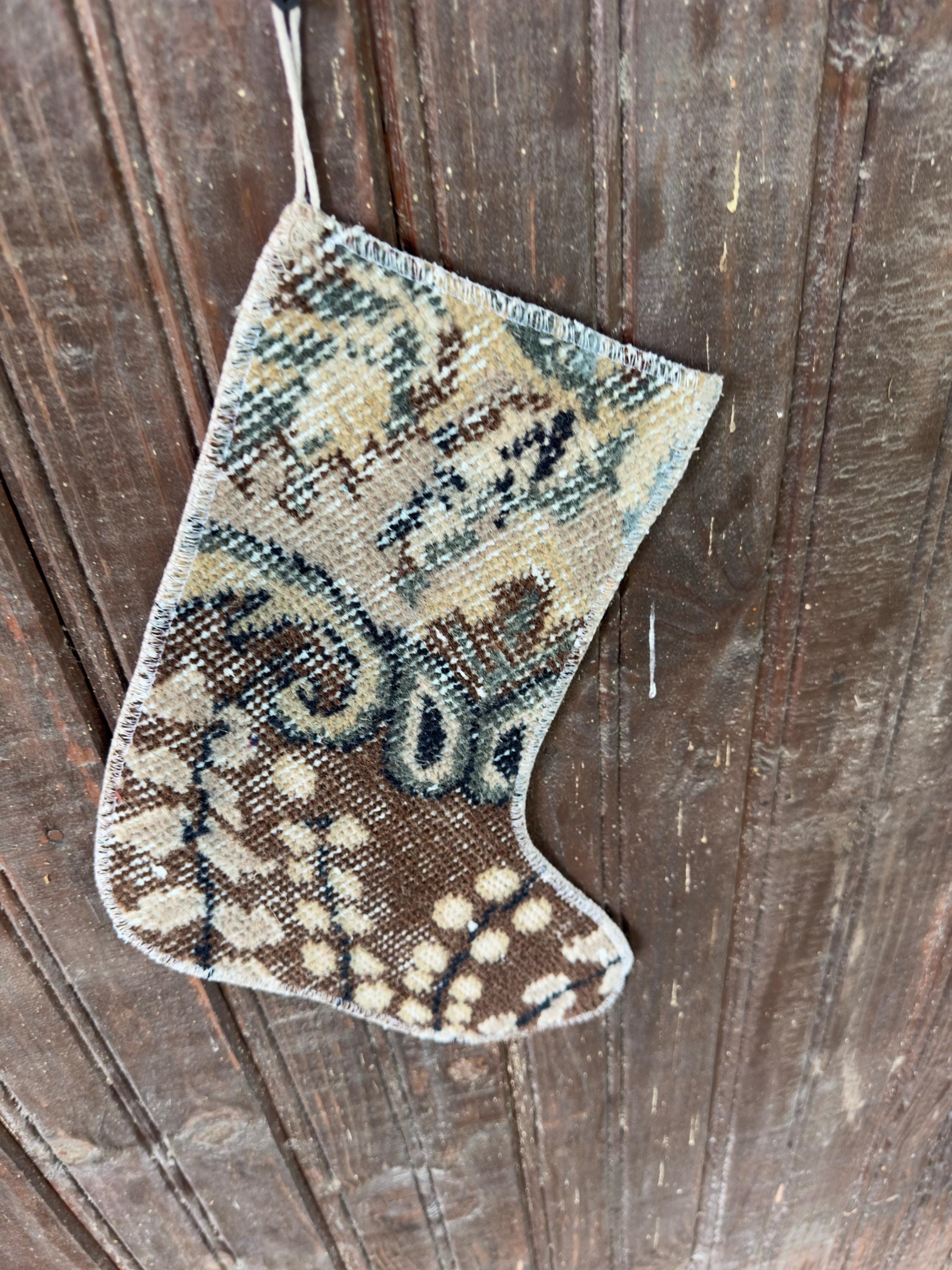 Christmas Stocking, Vintage Turkish Rug, Scroll Pattern Brown Cream Sage Navy, 13 in in cream, brown, navy, sage, finished edge detail