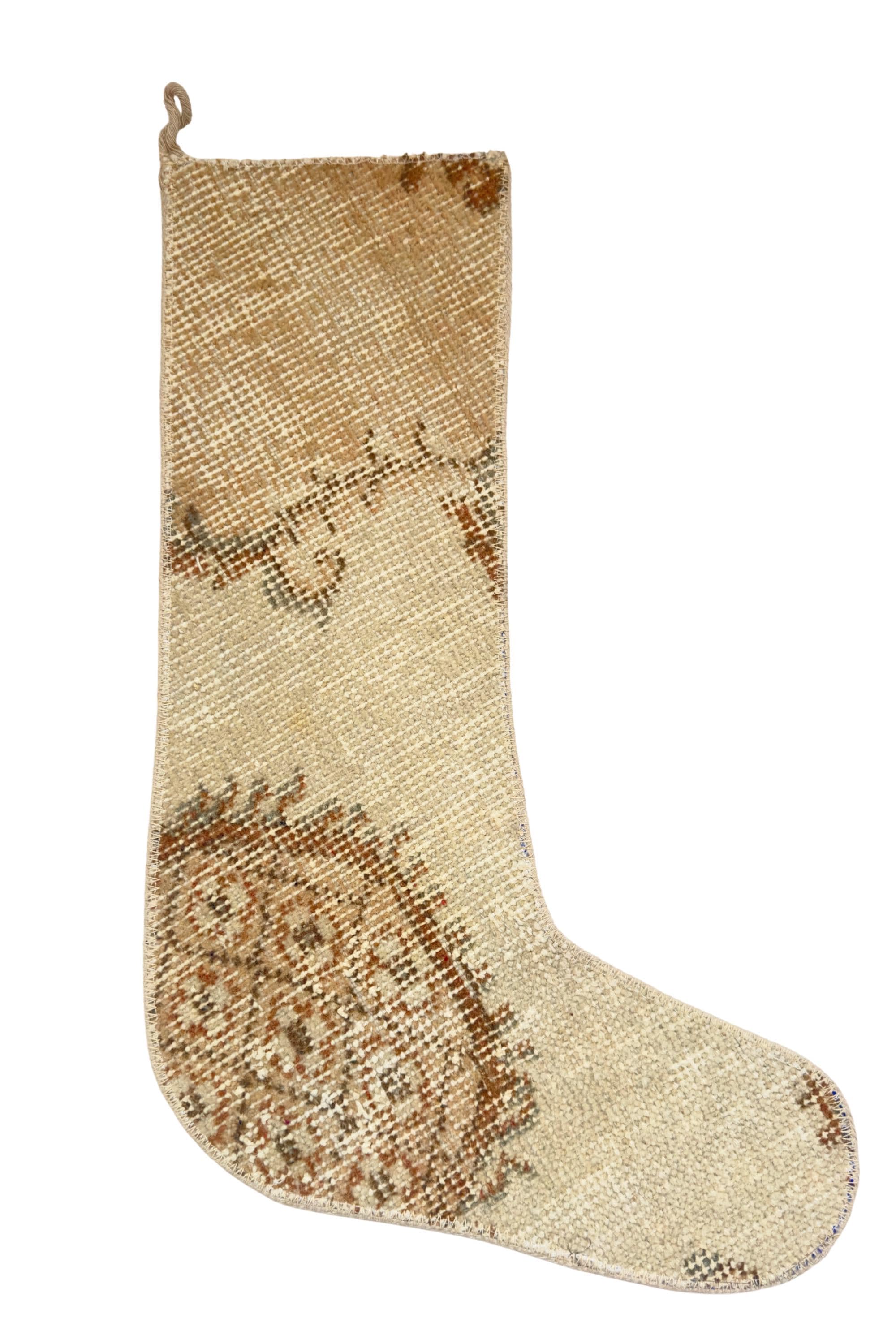 Turkish Rug Christmas Stocking, Handmade Vintage Anatolian Wool, Faded Ivory, Boho Rustic Fireplace Decor – view 4