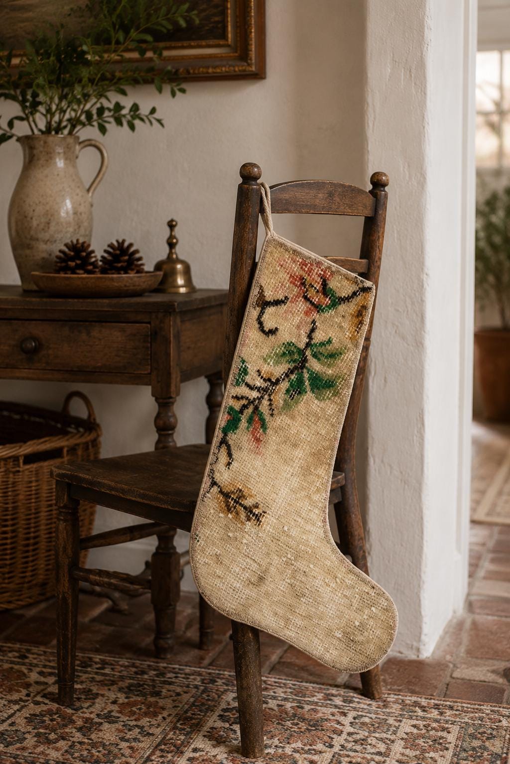 Turkish Rug Christmas Stocking, Handmade Vintage Anatolian Wool, Ivory Floral, Boho Rustic Fireplace Decor