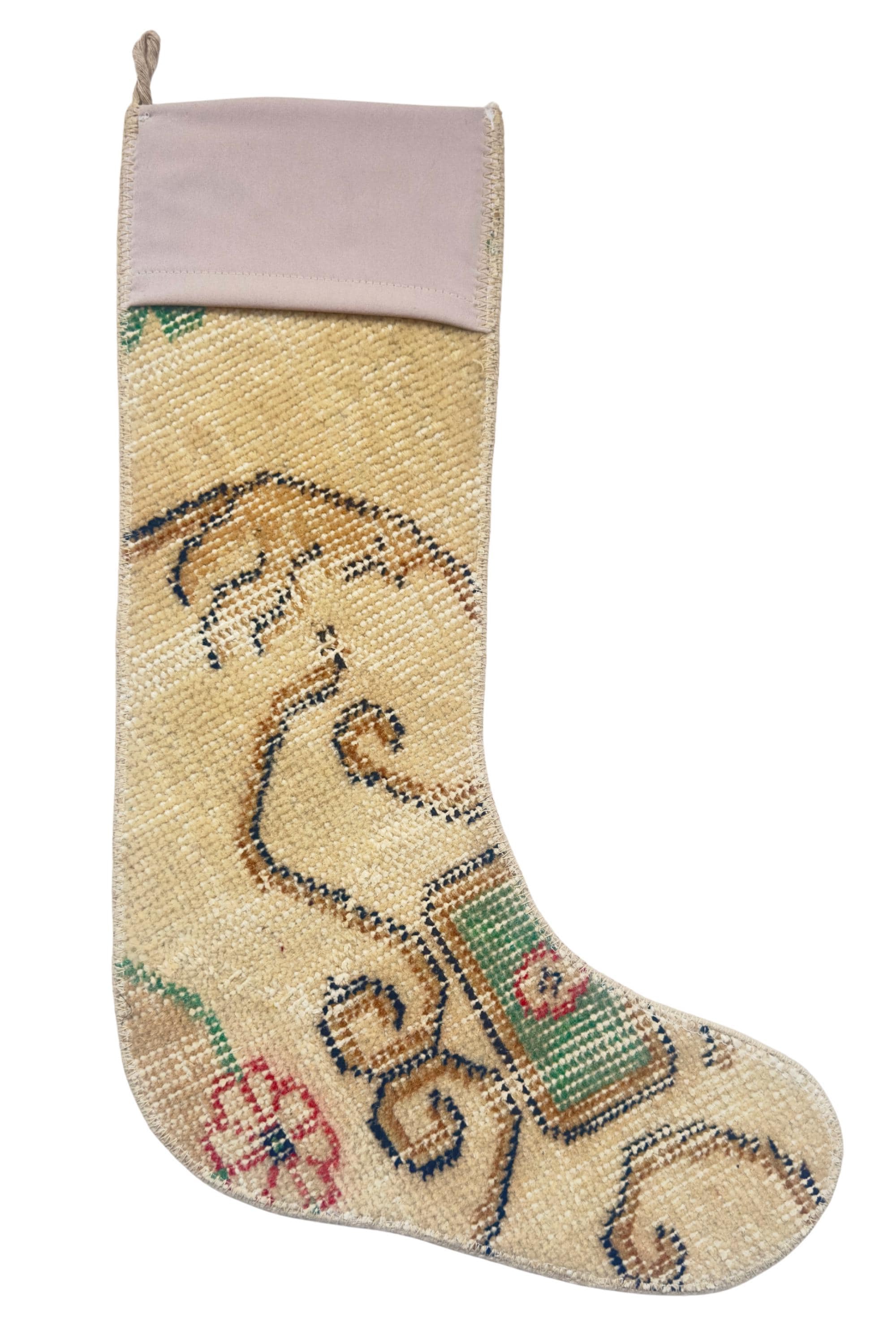 Turkish Rug Christmas Stocking, Handmade Vintage Anatolian Wool, Cream Blush Pink, Boho Fireplace Decor – view 4
