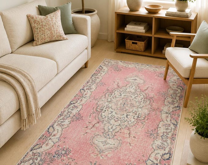 Vintage Turkish Isparta Rug, Hand Knotted Wool Medallion, Distressed Blush Pink Navy, 3.7x6.6 ft