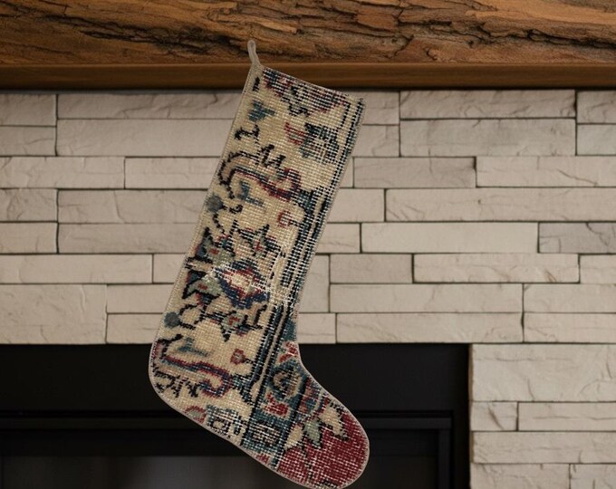 Vintage Turkish Rug Christmas Stocking – Hand-Knotted Wool – Beige & Blue