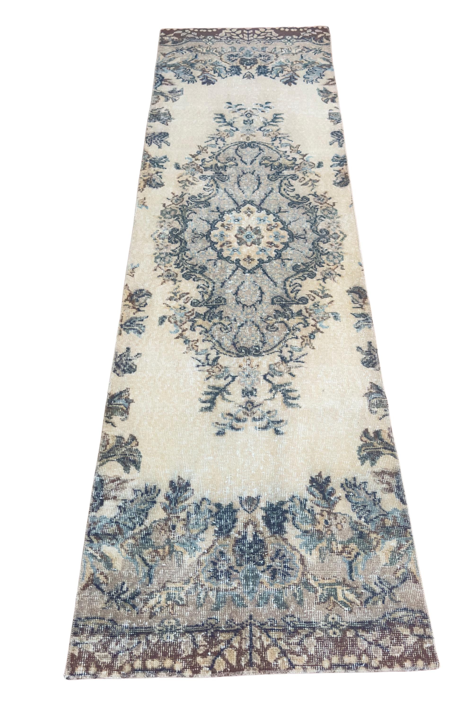 Vintage Turkish Runner Rug, Hand-Knotted Wool Floral Medallion, Faded Slate Blue Ivory, 2.8x9 ft – view 7