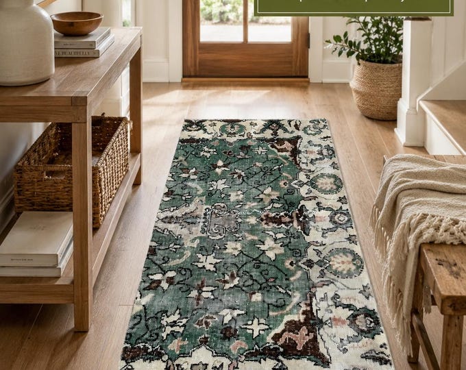 Turkish Runner Rug, Vintage Isparta Handwoven Wool Floral, Distressed Sage Green Ivory, 2.6x6 ft