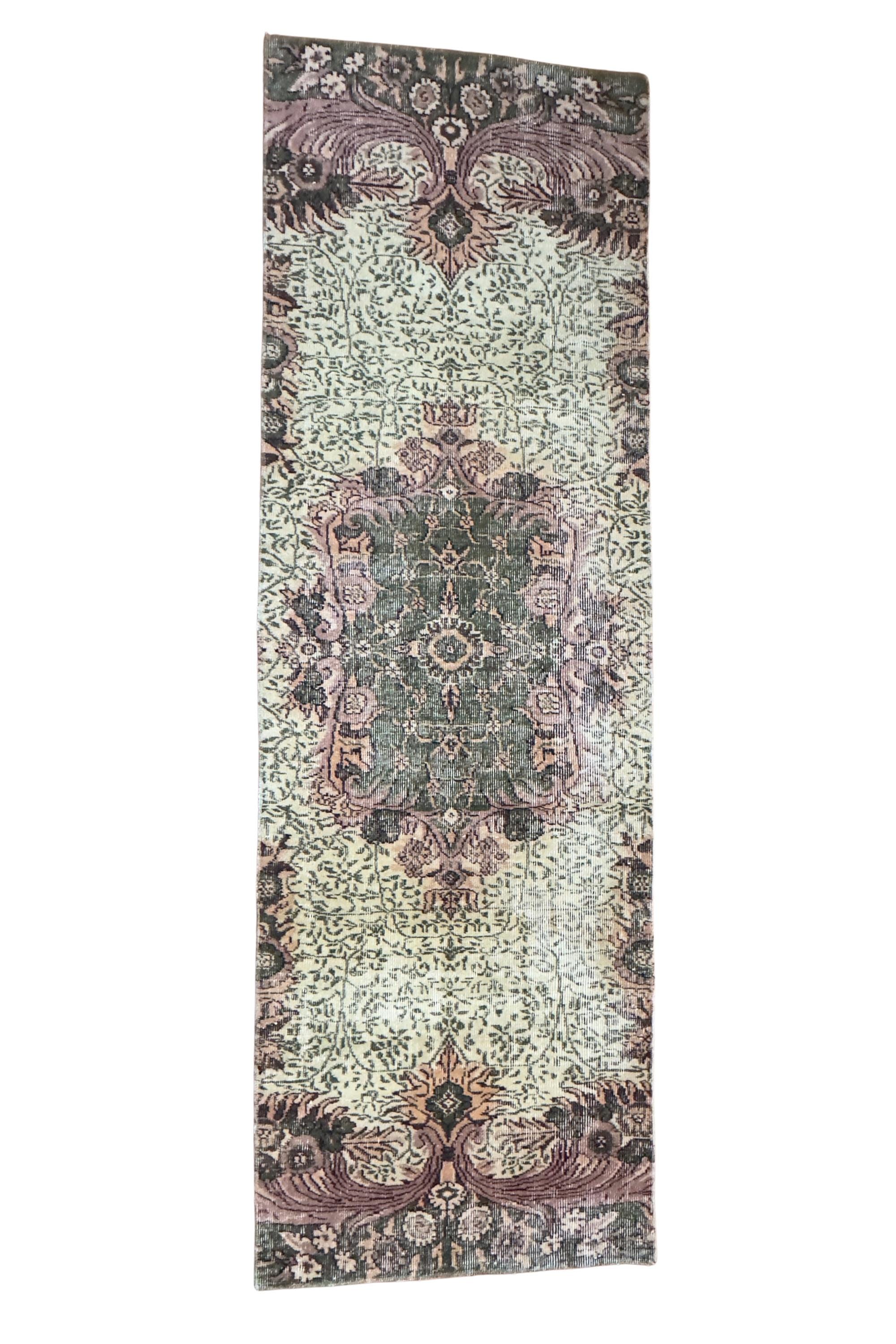 Vintage Turkish Isparta Runner Rug, Hand-Knotted Wool Medallion, Faded Sage Mauve, 78x247 cm – view 3