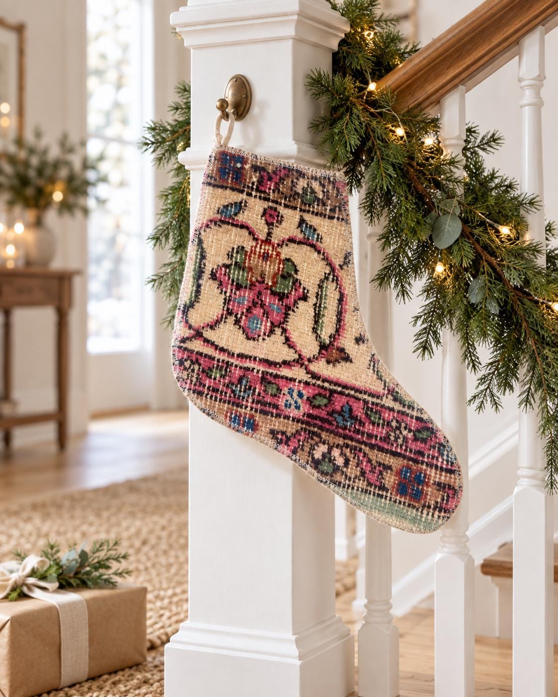Christmas Stocking, Vintage Turkish Rug, Floral Medallion Dusty Rose, 9 in