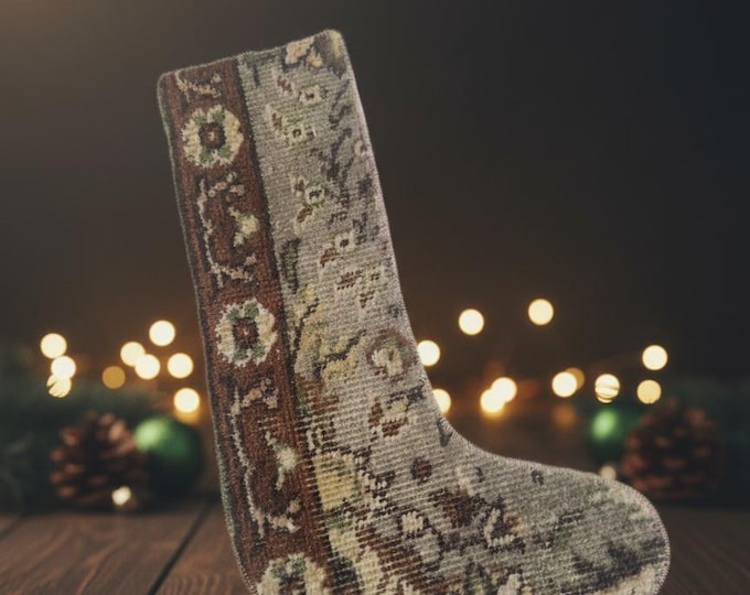 Vintage Rug Christmas Stocking – Handmade Upcycled Carpet – Brown Beige Holiday Decor