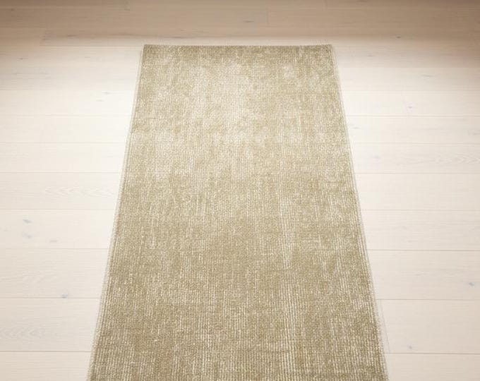 Vintage Turkish Small Rug 20x45 Inches Taupe Beige Overdyed Wool