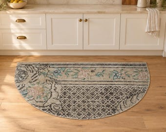 Vintage Turkish Semicircle Rug, Half Moon Doormat, Cream Rose Green, Entryway Rug, 19x33 in