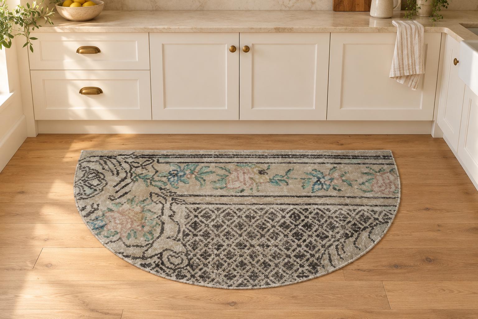 Vintage Turkish Semicircle Rug, Half Moon Doormat, Cream Rose Green, Entryway Rug, 19x33 in