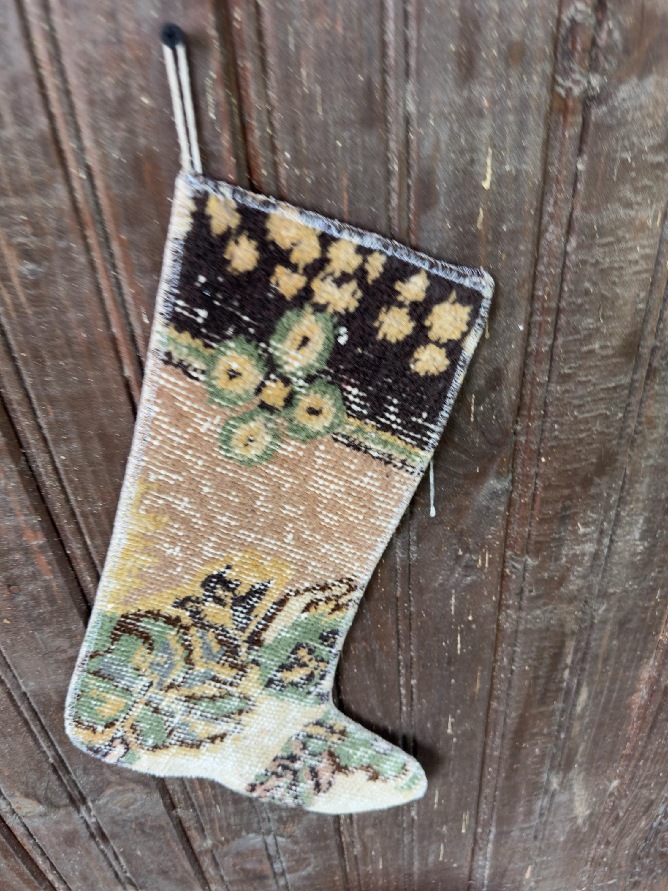 Christmas Stocking, Vintage Turkish Rug, Floral Sage Green Mustard Brown, 17 in in brown, green, sage, finished edge detail