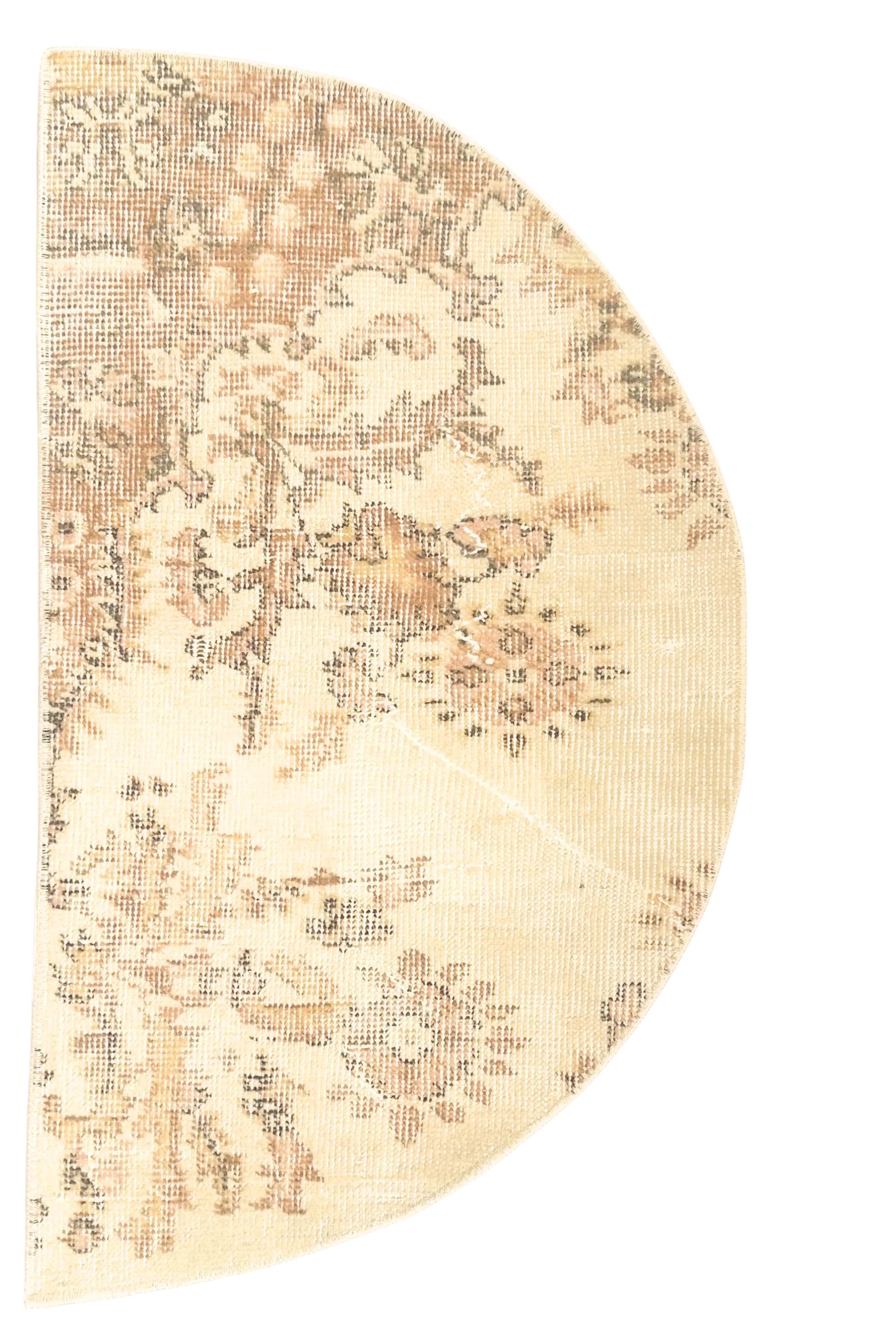 Vintage Turkish Semicircle Rug, Handwoven Wool Floral, Ivory Caramel Distressed, 1.6x2.77 ft – view 3