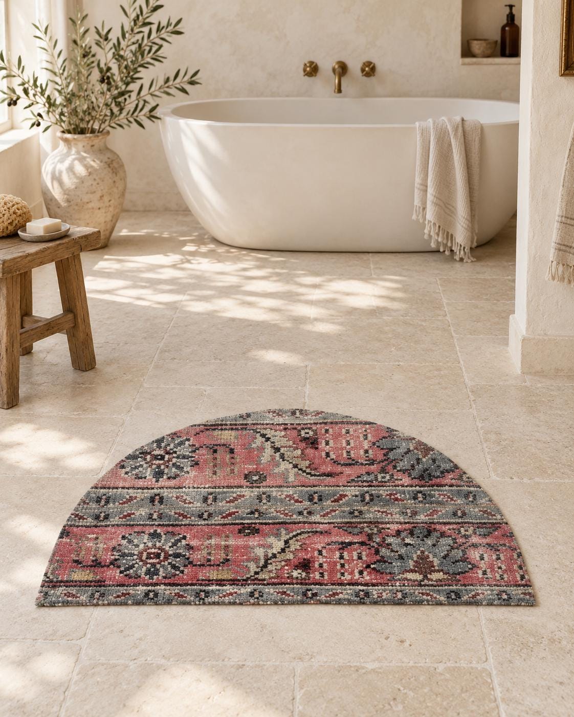 Vintage Turkish Half Moon Rug, Hand Knotted Wool Doormat, Pink Teal Floral Design, 37x68cm
