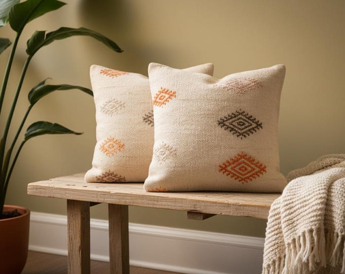 Vintage Handwoven Turkish Pillow Covers – Wool & Hemp Kilim Cushion Set – Beige Geometric Boho Home Decor  Free Shipping