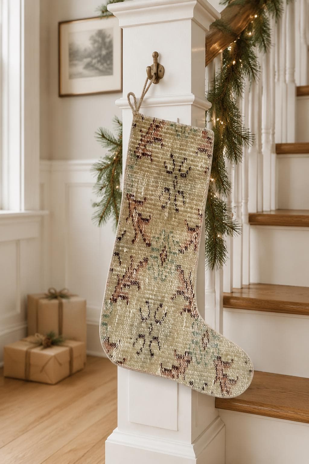 Turkish Rug Christmas Stocking, Handmade Vintage Anatolian Wool, Boho Fireplace Decor, Sage Green,