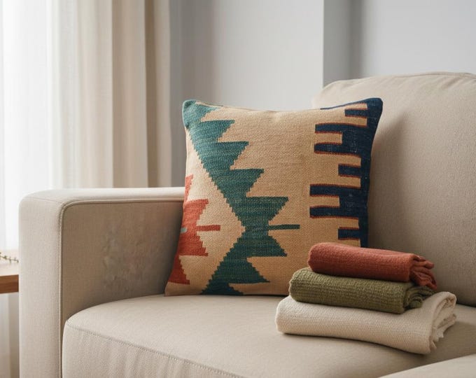 Geometric Kilim Cushion 16”, Beige Green Orange Tribal Wool Decor