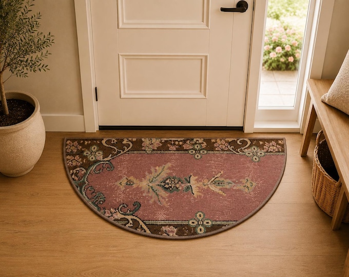 Vintage Patchwork Semicircle Rug 18x29 In Hand Knotted Wool Entryway Decor