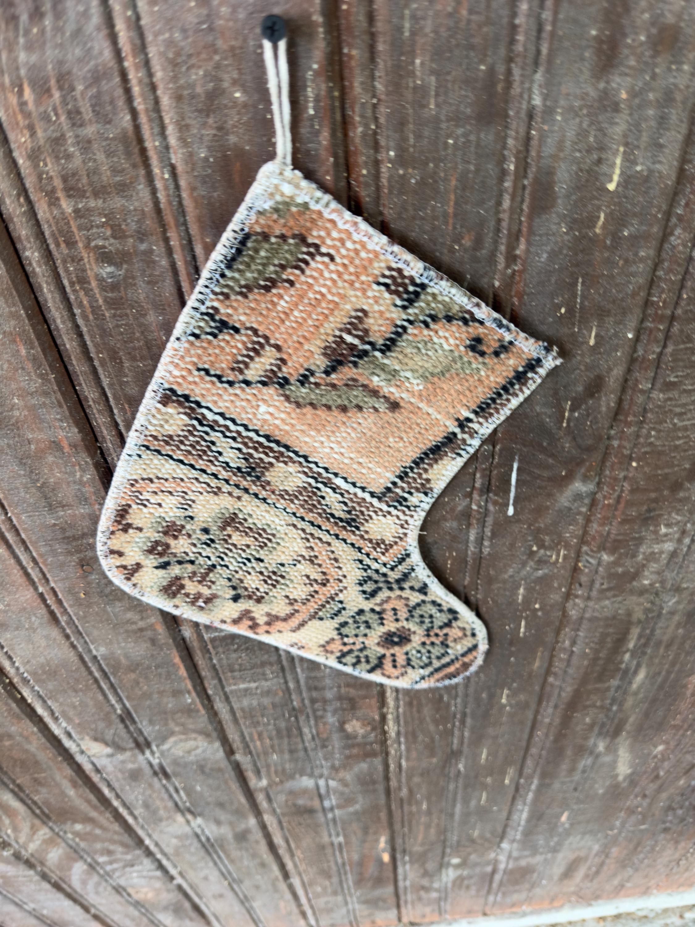 Vintage Turkish Rug Christmas Stocking, Peach Olive Tan Floral Medallion, Brown Black, 11.0x12.2 in – view 6