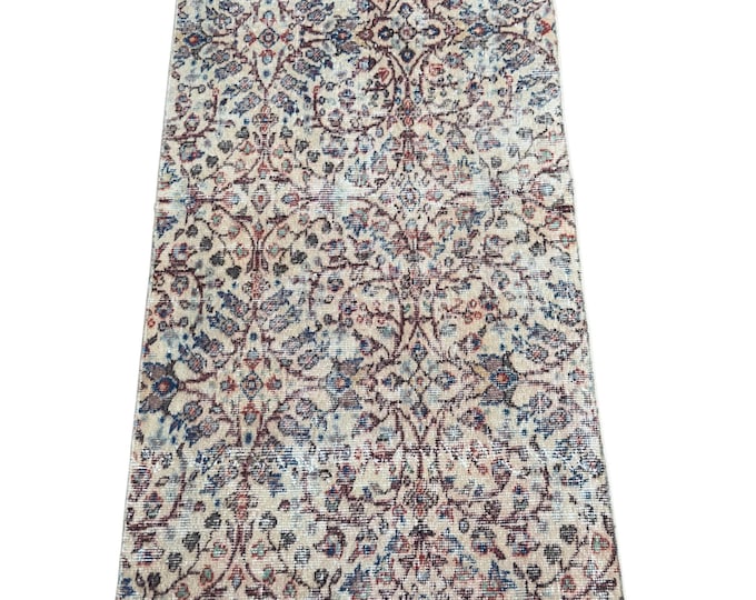 Vintage Turkish Runner, Hand Knotted Wool, Ivory Arabesque Floral, Distressed Look, Bohemian Hallway Rug, 2x6 Anatolian