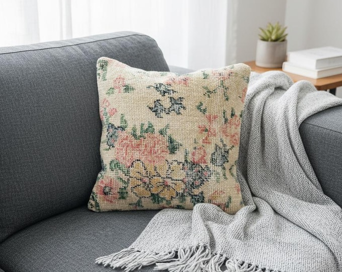16x16 Vintage Rug Pillow Cover – Luxury Turkish Wool Cushion, Farmhouse Boho Decor, Free Worldwide