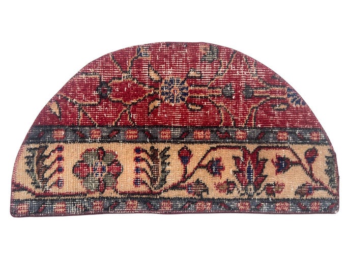 Vintage Turkish Isparta Semicircle Rug, Hand Knotted Wool, Distressed Burgundy Camel Border, Half Moon