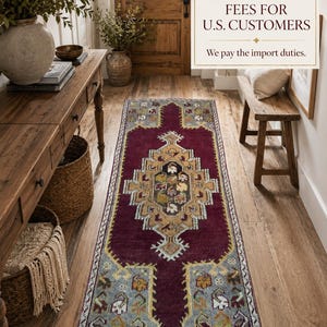 Alfombra de Pasillo Turca Vintage, Kazak Lana Medallón Tribal, Desgastada Burdeos Azul Oro, 2.1x4.5 ft